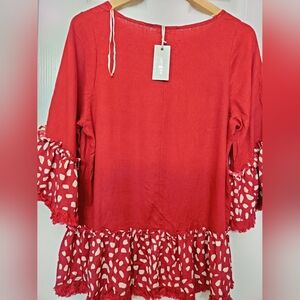 Umgee Red Blouse with Polka Dot Ruffle Sleeves
